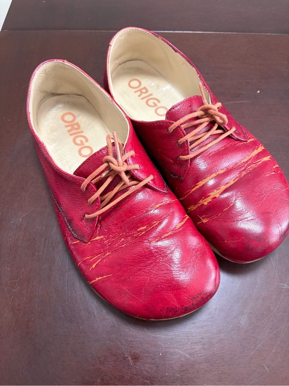 Red Leather Lace-Up Flats